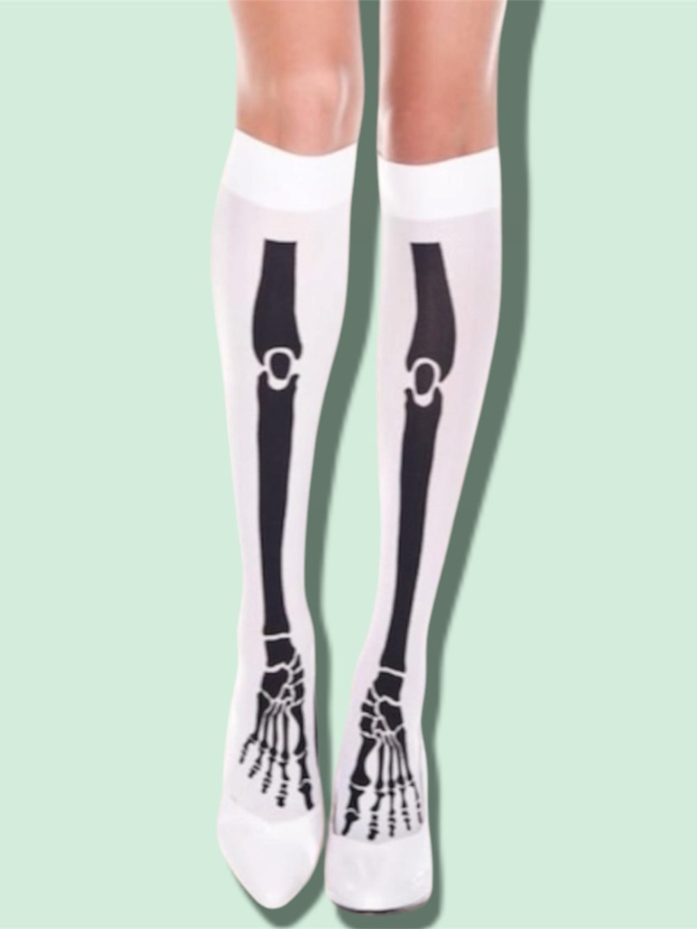 White Knee-High Socks with Black Bone Print